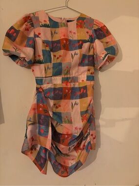 Floral Check Puff-Sleeve Mini Dress in Multicolor